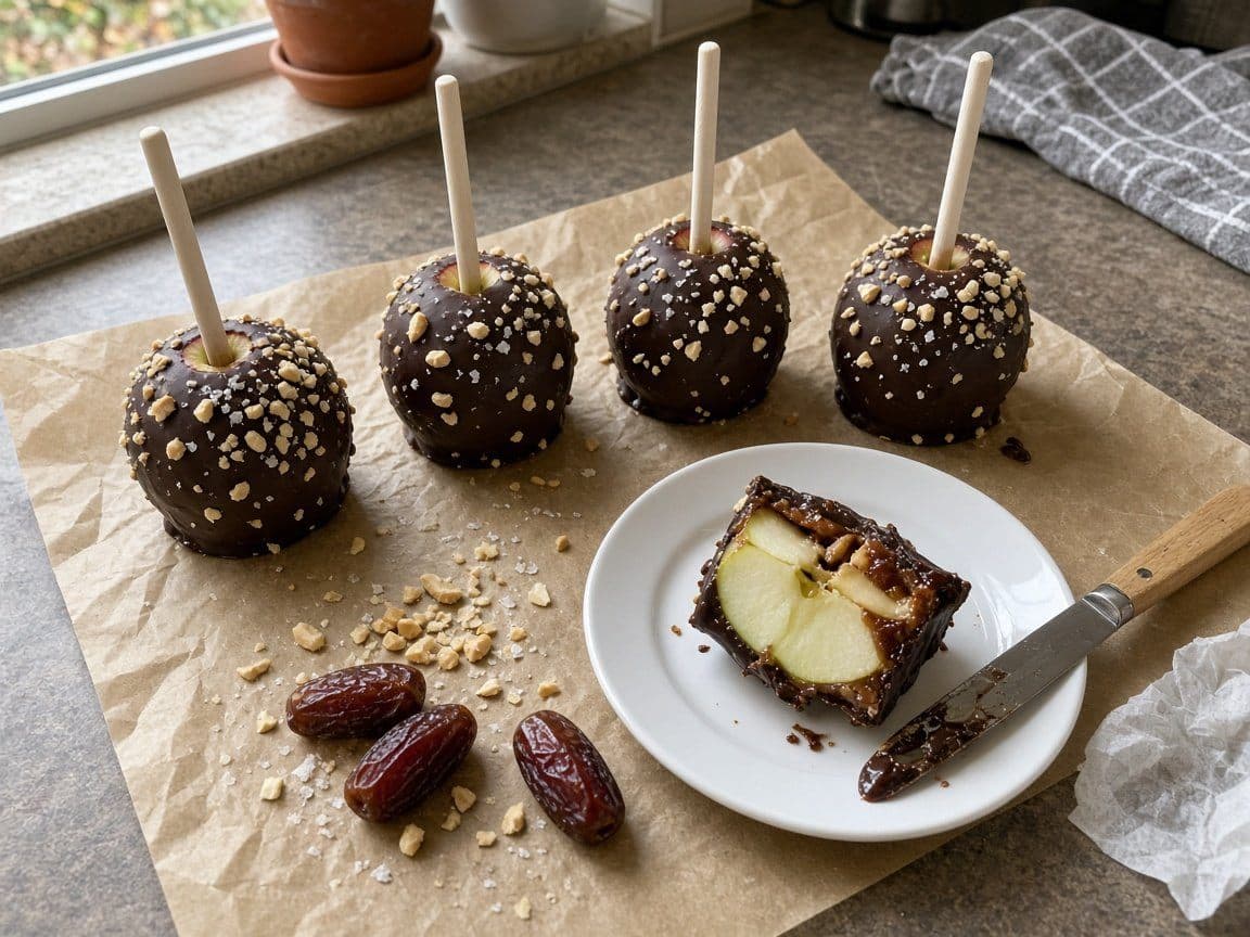 Kolaäpplen med dadelkola, mörk choklad och saltade jordnötter