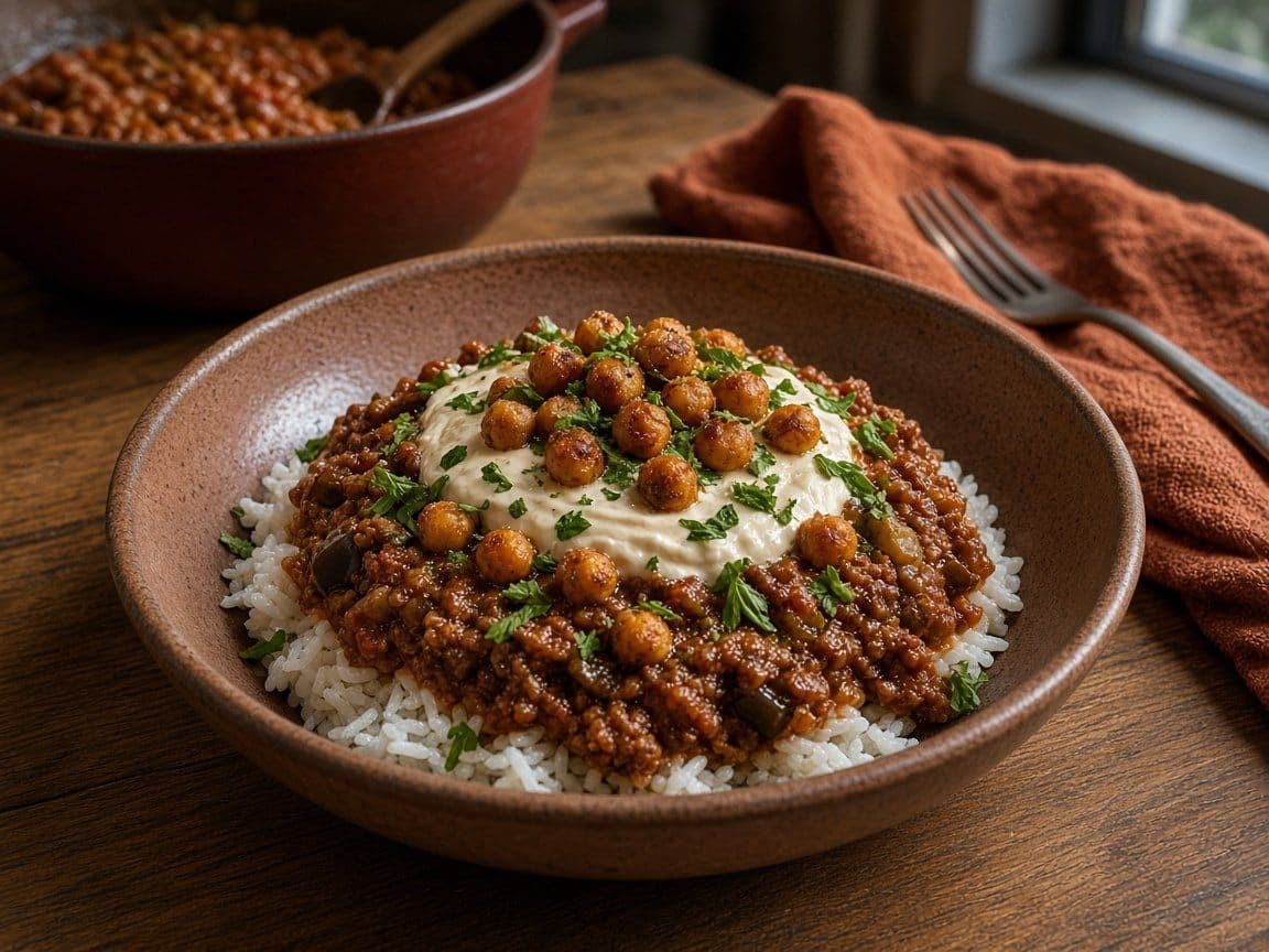 Auberginebolognese med za'atar, ris och tahiniyoghurt