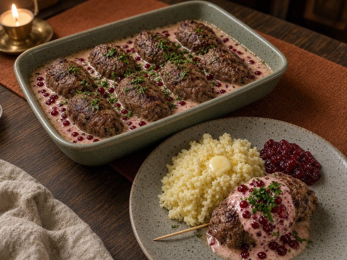 Fyllda lövbiffsrulader med pepparrotsfärskost i krämig lingonsås