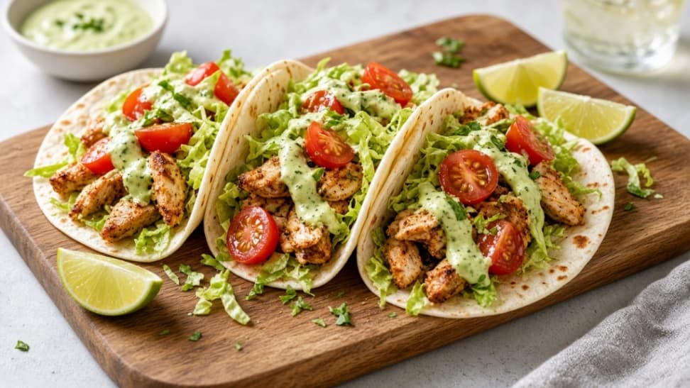 Kryddig kycklingtacos med avokadokräm