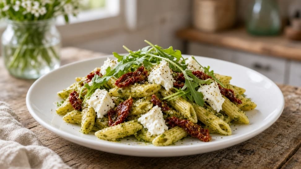 Pasta pesto med soltorkade tomater och mozzarella