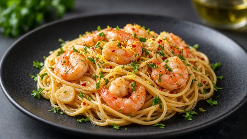 Räkpasta med vitlök, chili och citron