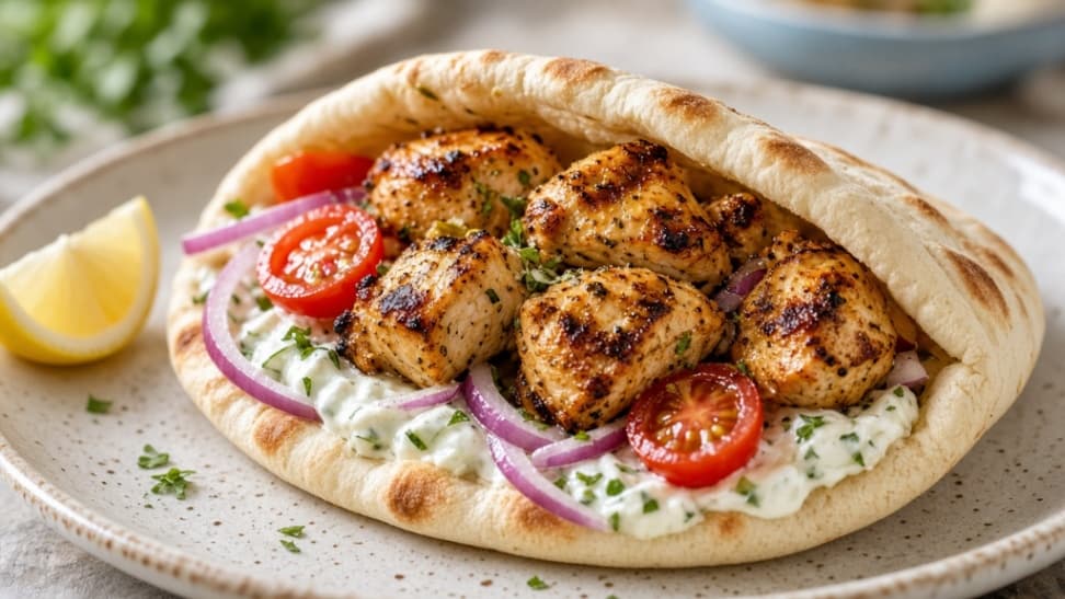 Grekisk kycklingsouvlaki med tzatziki och pitabröd