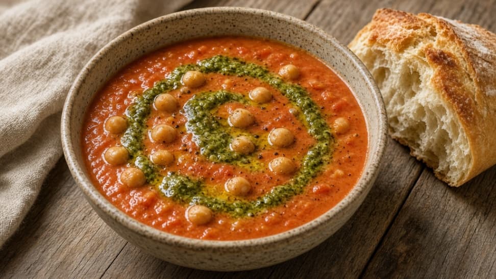 One-pot tomatsoppa med kikärtor och pesto