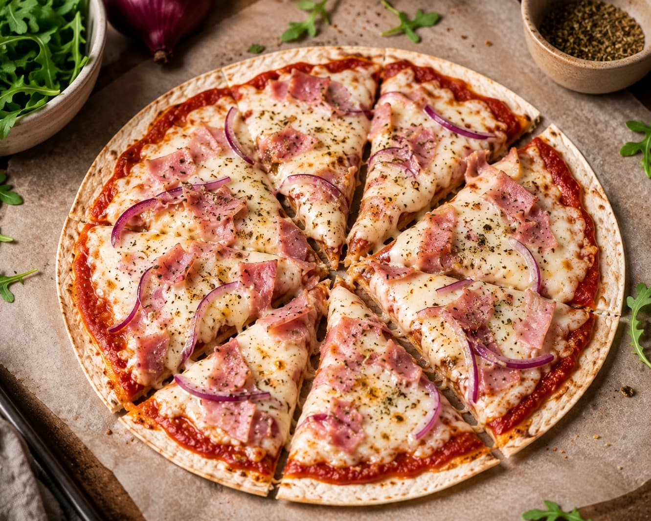 Pizzatortillas med skinka och mozzarella