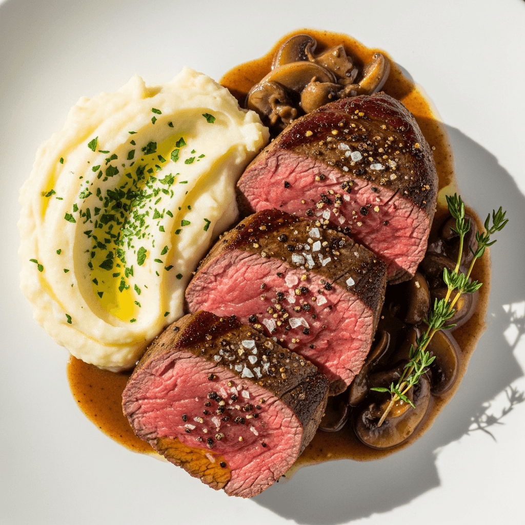 Kryddad oxfilé med potatispuré och svampsås