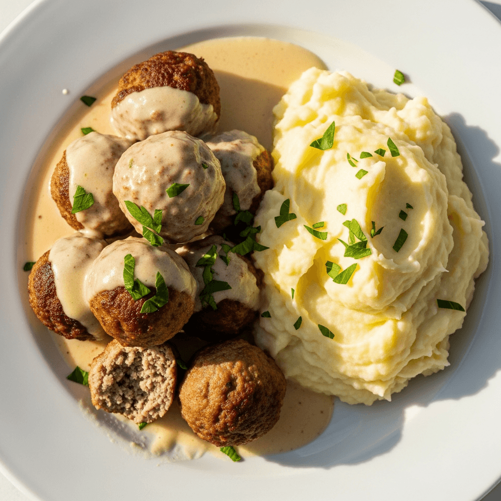 Tuggis köttbullar med gräddsås och potatismos