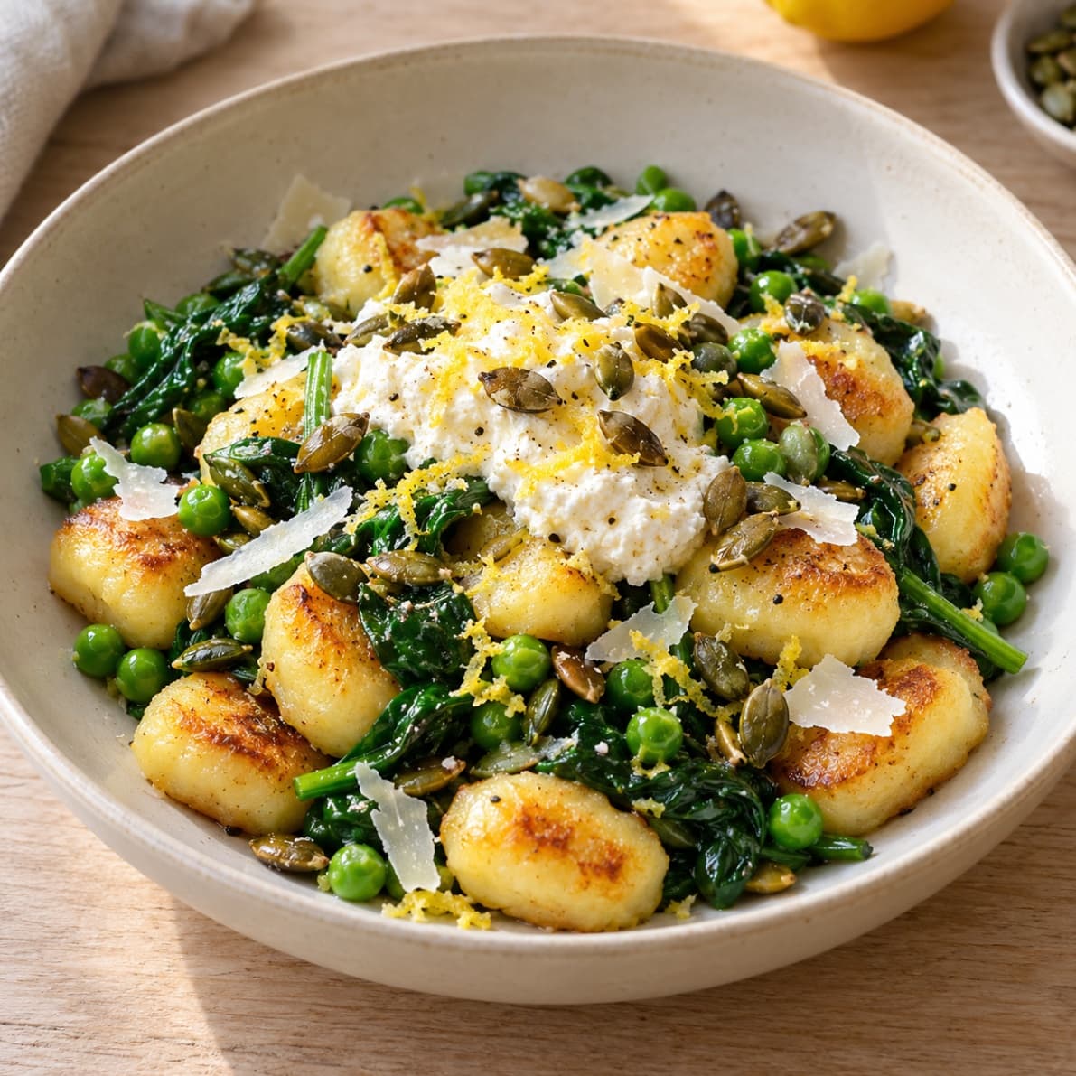 Stekt gnocchi med ärtor, citronricotta och pumpakärnor