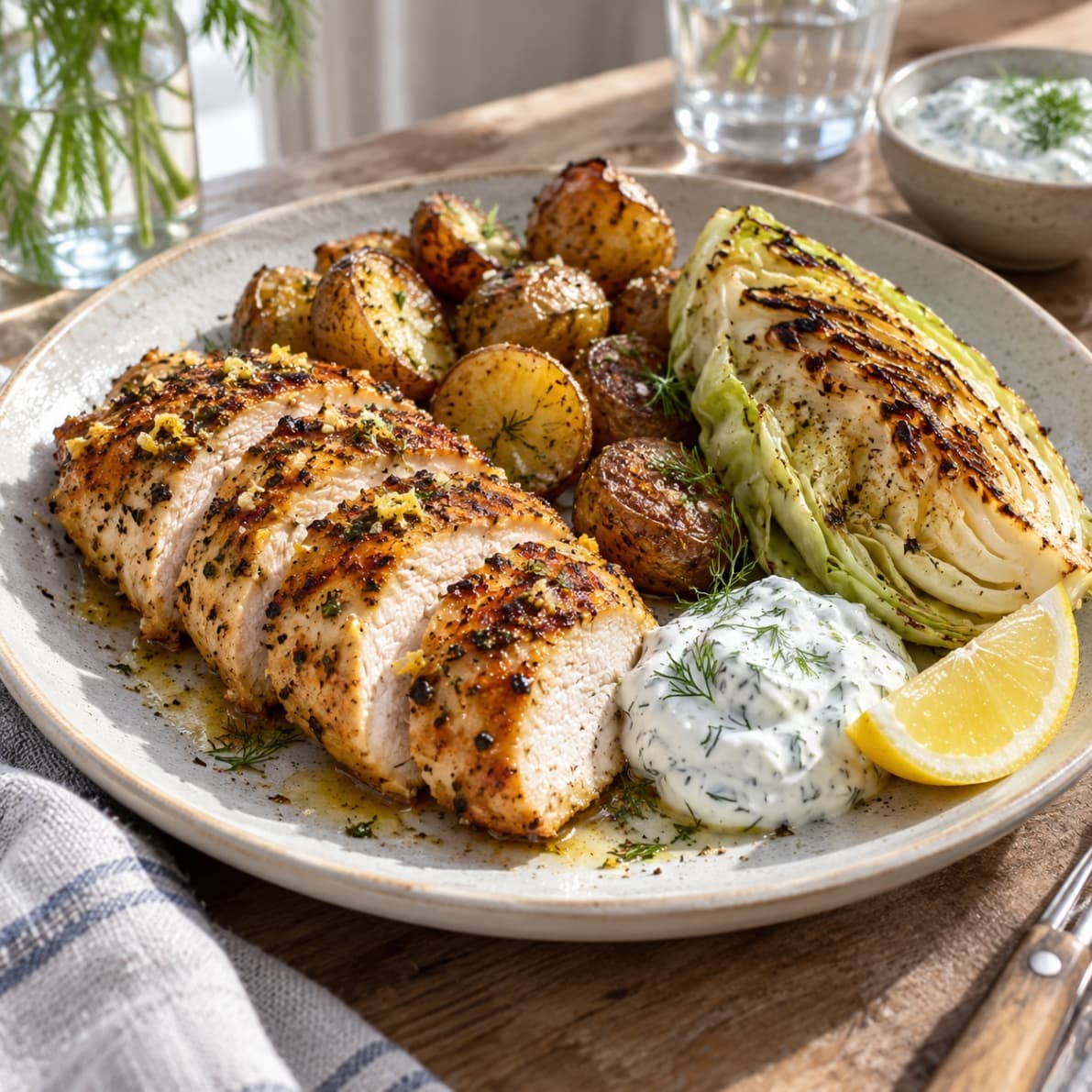 Citronkyckling med rostad spetskål och dillyoghurt