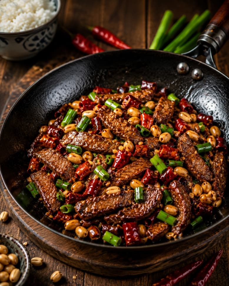 Gong bao-biff med jordnötter och chili