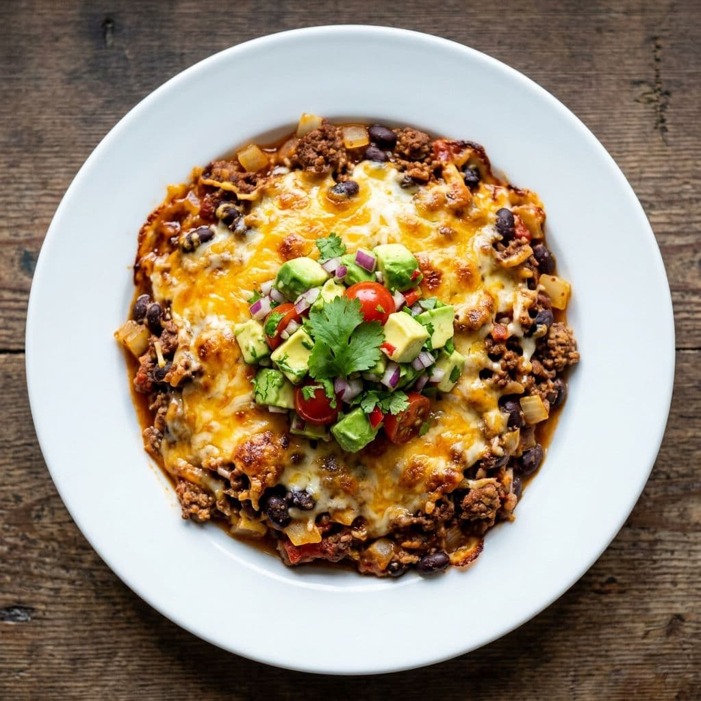 Tacogratäng med svarta bönor och avokadosalsa