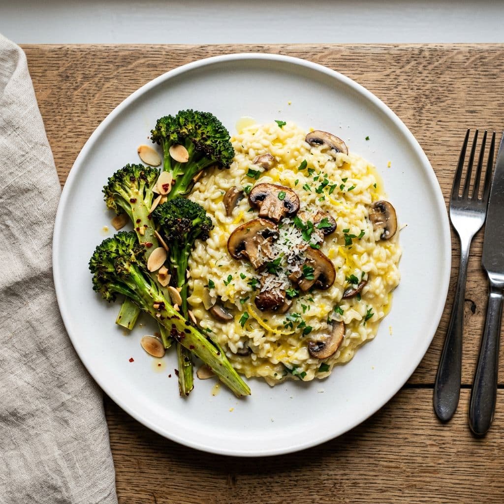 Citronrisotto med svamp och vitlöksrostad broccoli