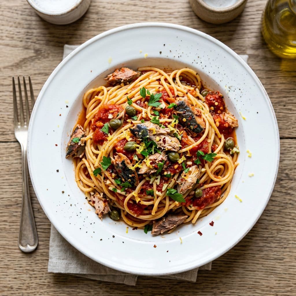 Tomatig makrillpasta med kapris och citron