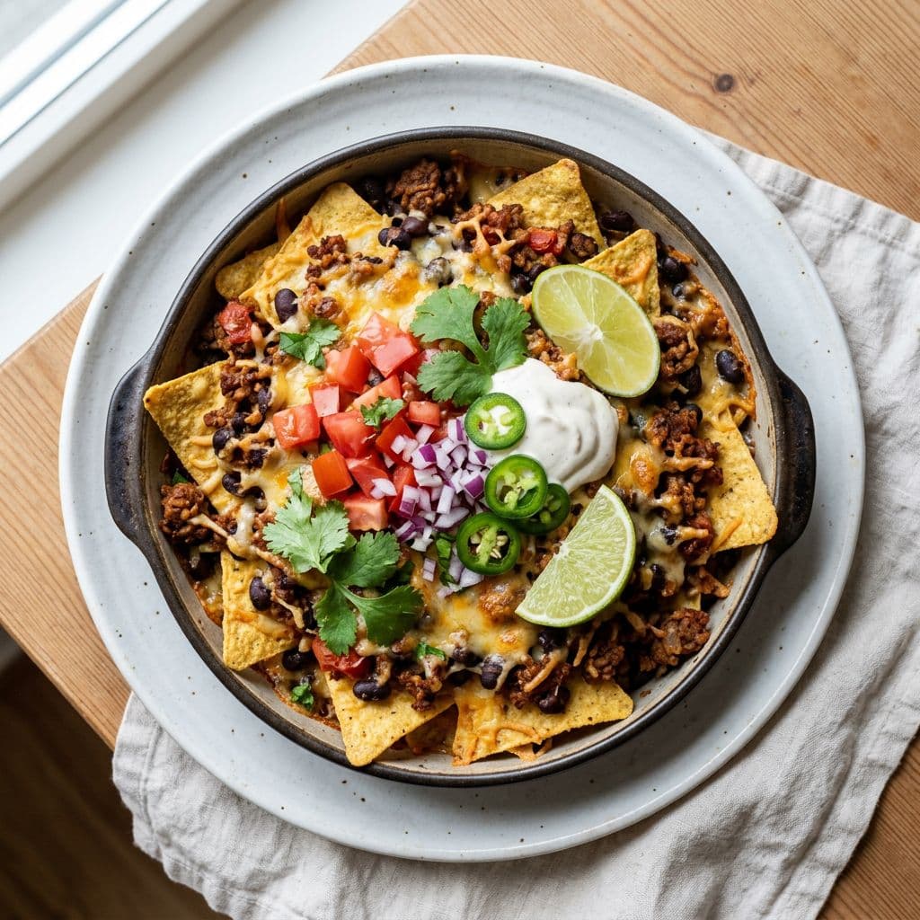 Nachoplåt med vegofärs, svarta bönor och lime