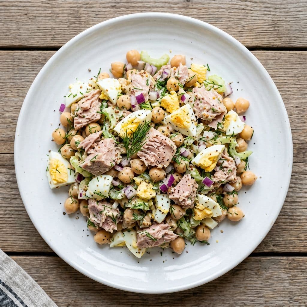 Tonfisksallad med kikärtor, ägg och senapsdressing