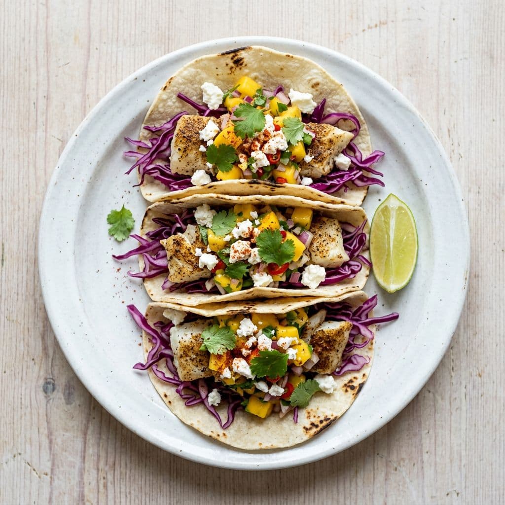Torsktacos med mangosalsa, rödkål och fetaost