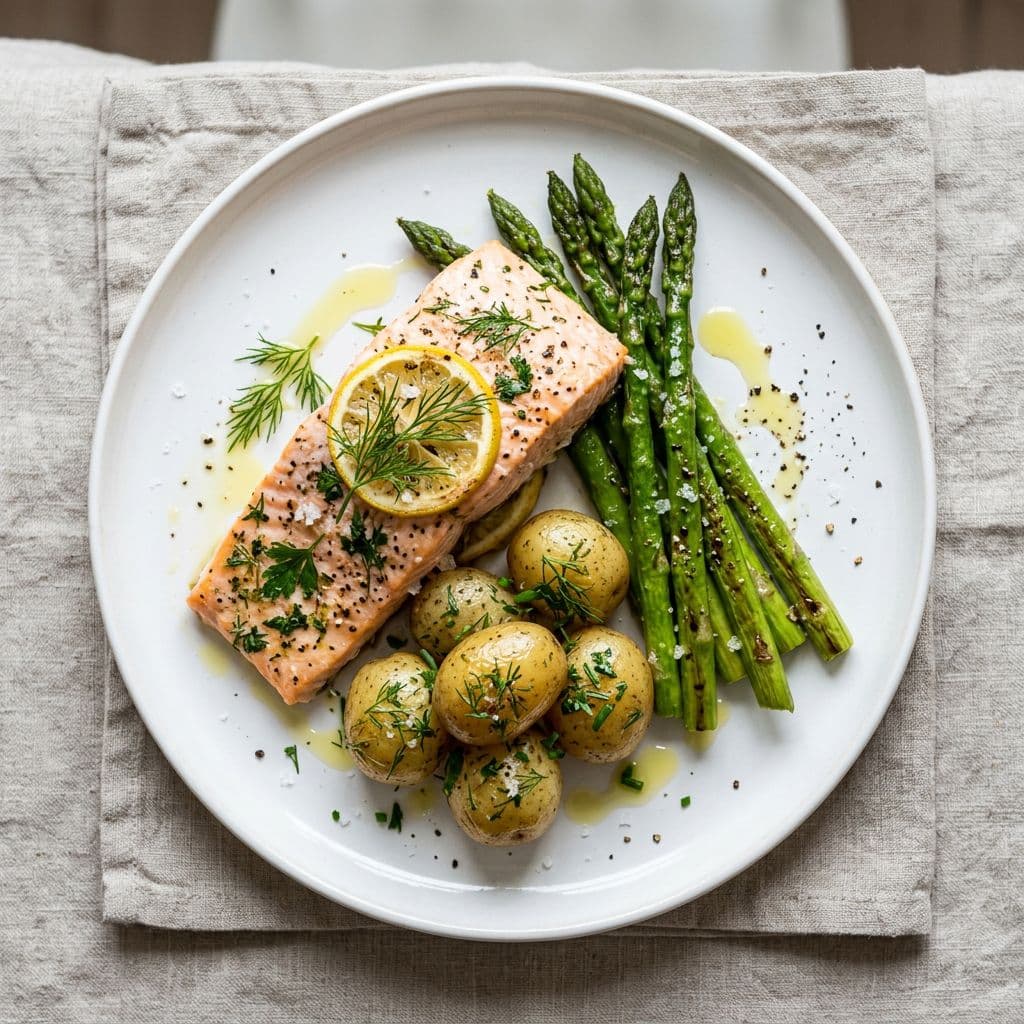 Citronbakad lax med sparris och örtpotatis