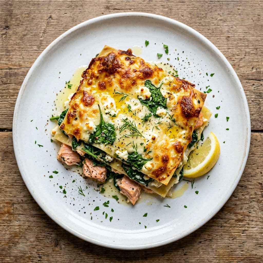Laxlasagne med spenat, fetaost och citron