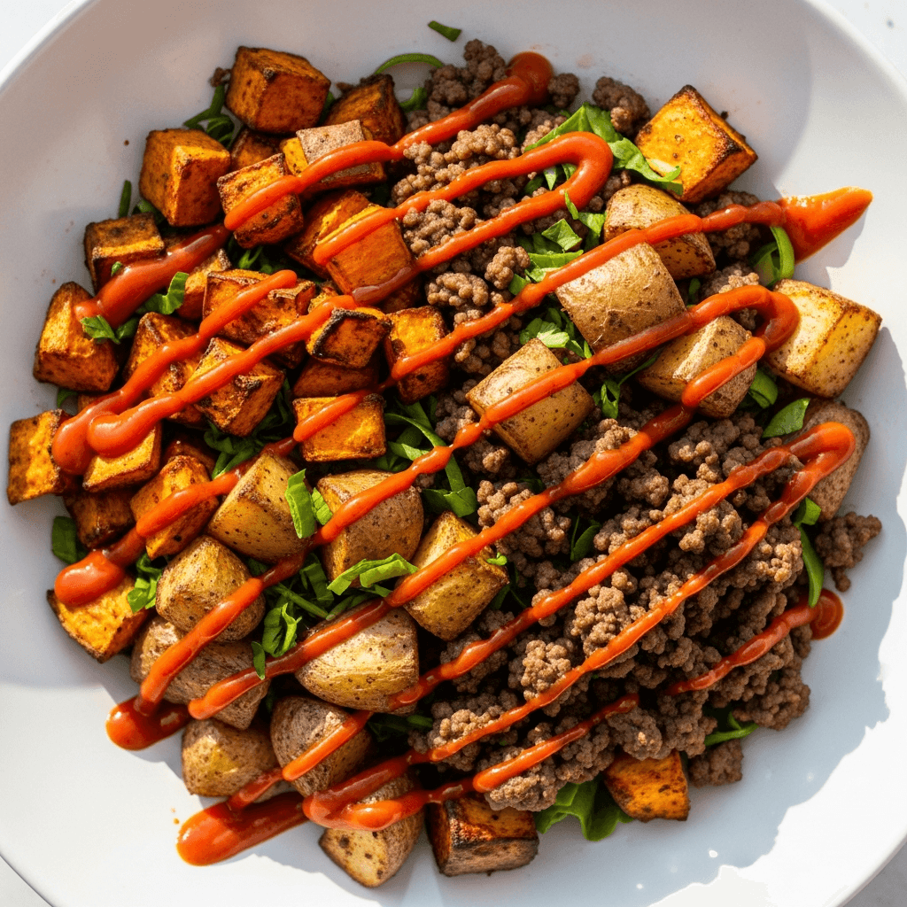 Vegetarisk bowlmed rostad rotfrukter och sriracha honungssås