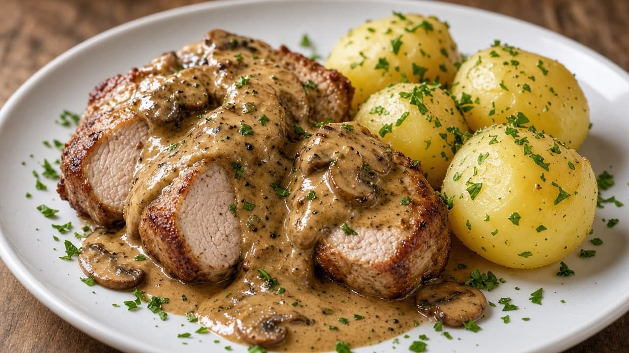 Fläskfilé med svampsås och potatis