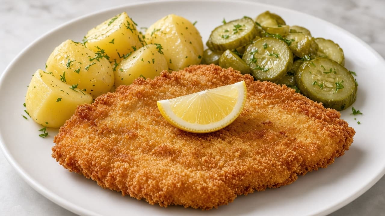 Schnitzel med pressgurka och potatis