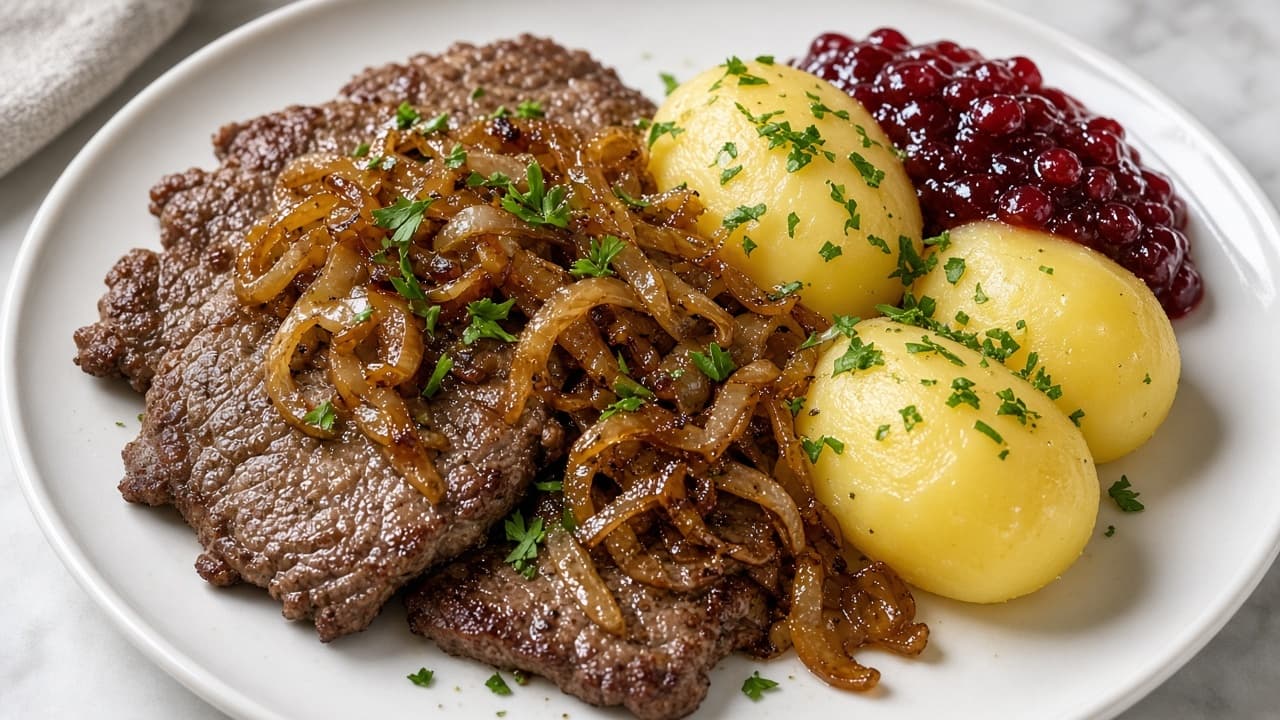 Lövbiff med stekt lök och potatis