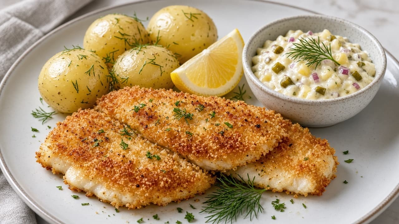 Panerad fisk med remouladsås och potatis