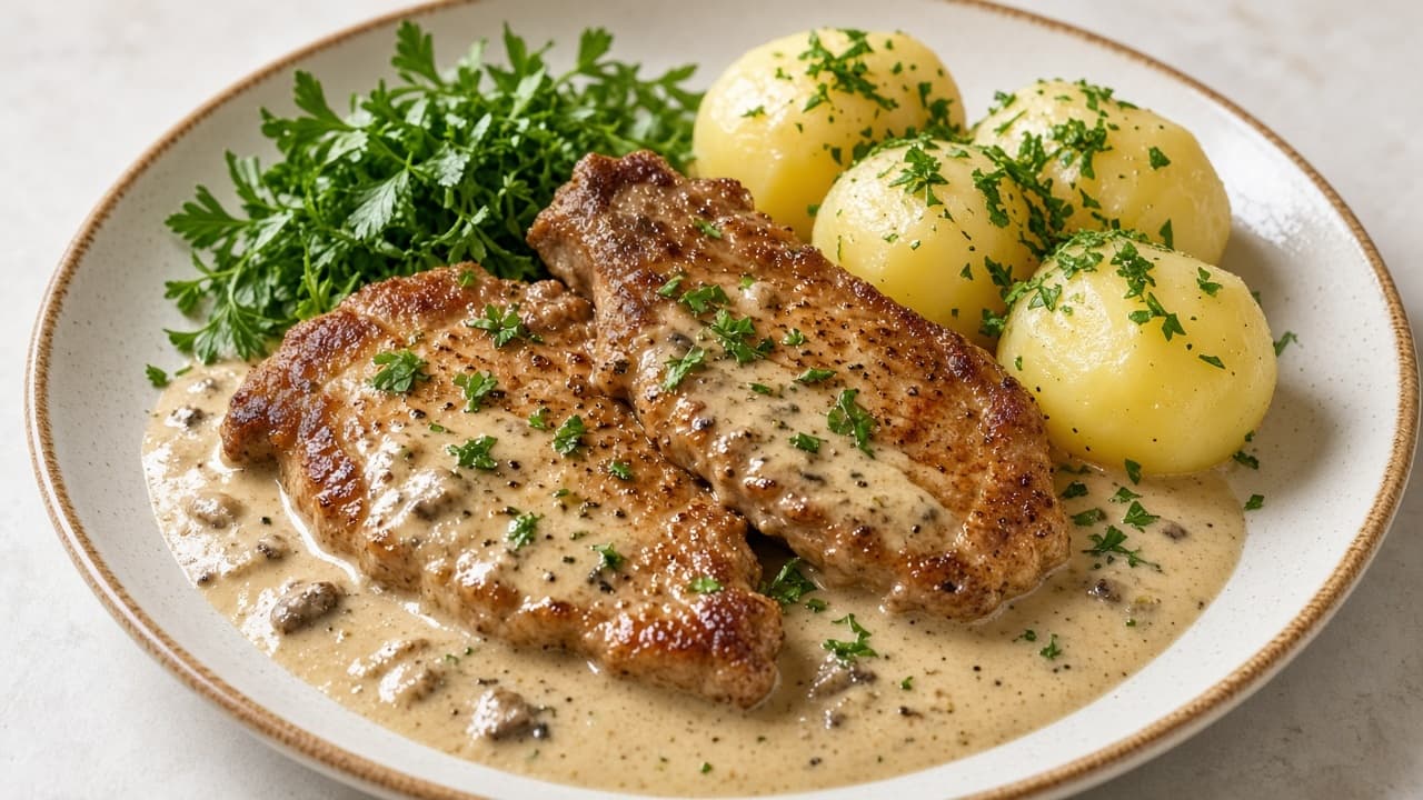 Fläskkotletter med gräddsås och potatis