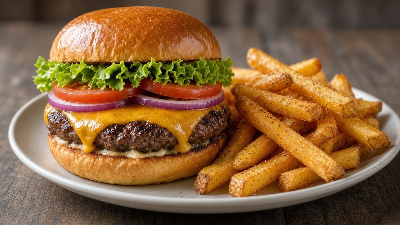 Cheeseburgare med pommes frites