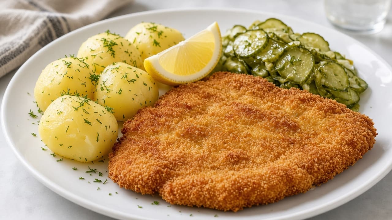 Lågkalori Schnitzel med pressgurka och potatis