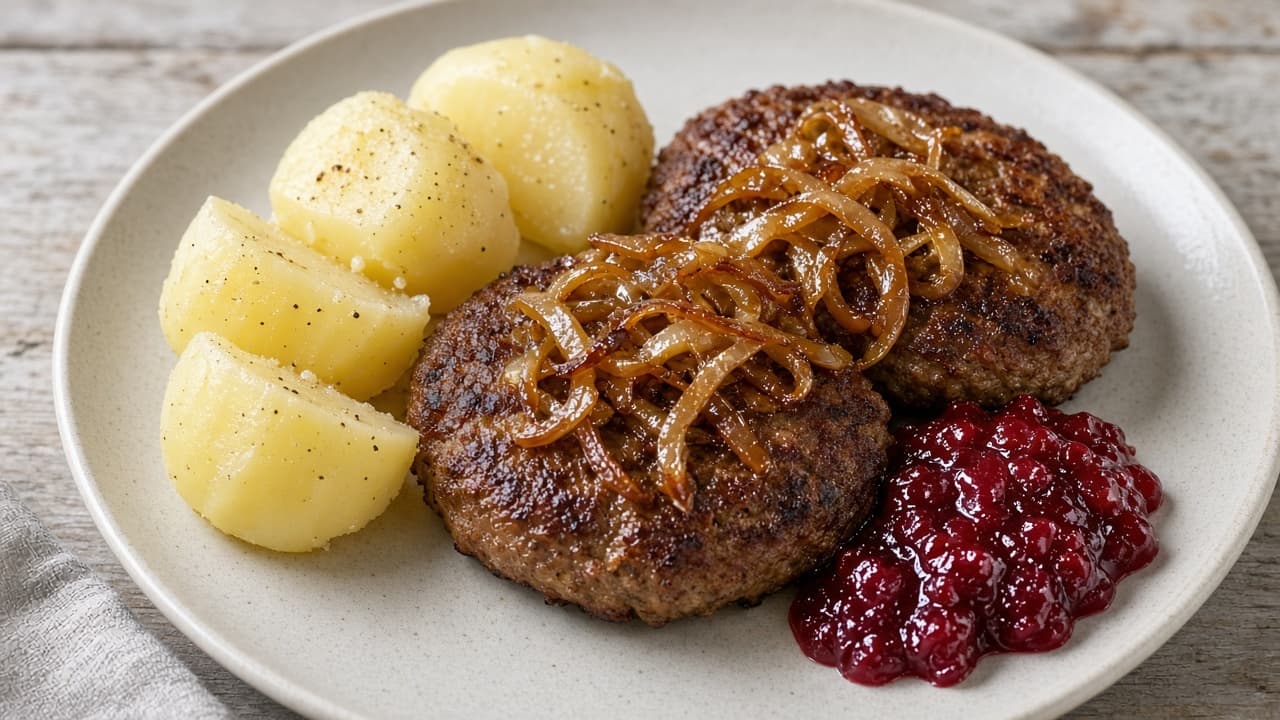 Pannbiff med stekt lök och potatis