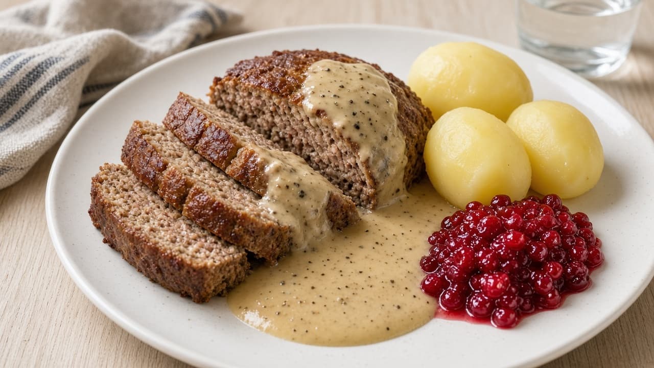 Köttfärslimpa med potatis och gräddsås