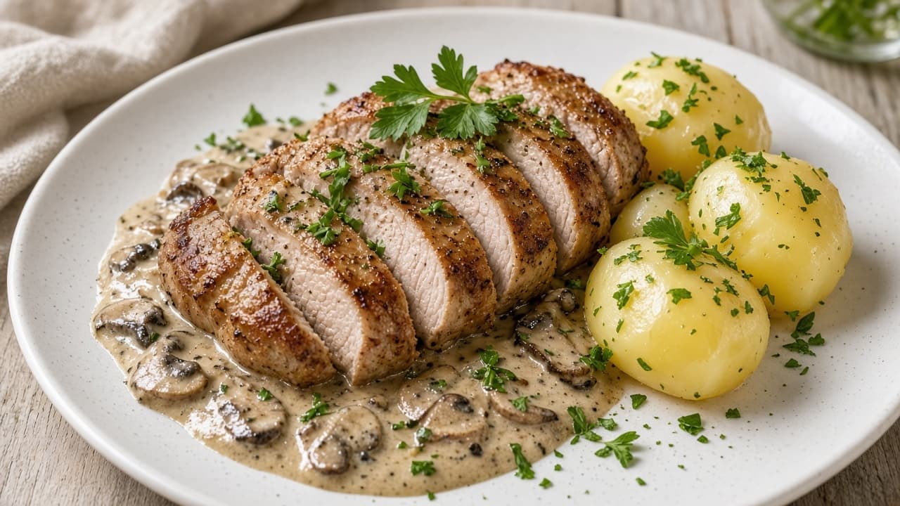 Fläskytterfilé med svampsås och potatis