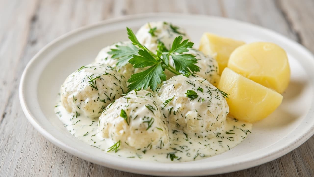 Fiskbullar i dillsås med potatis