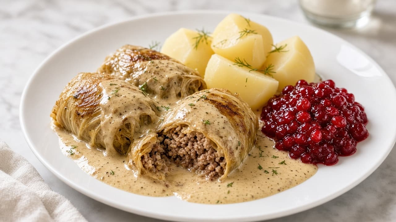 Kåldolmar med gräddsås och potatis