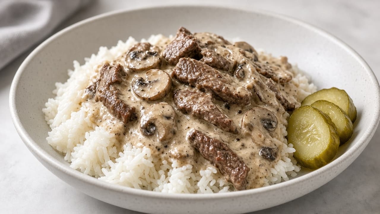 Biffstroganoff med ris och inlagd gurka