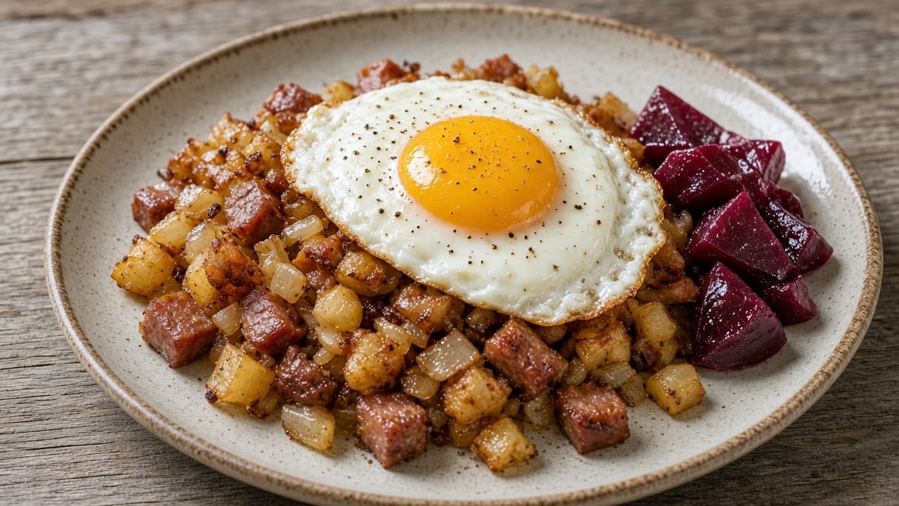 Pytt i panna med stekt ägg och rödbetor