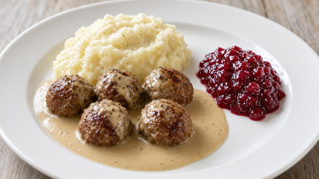 Köttbullar med gräddsås, potatismos och lingon