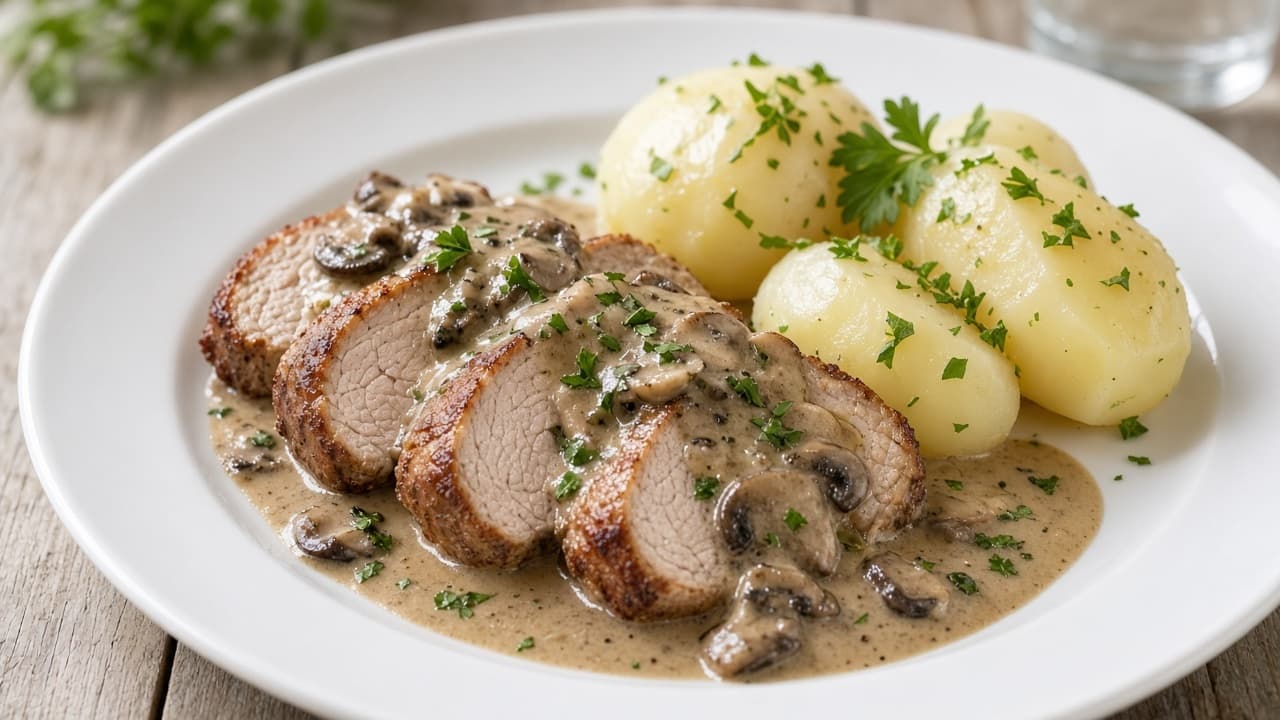Fläskfilé med svampsås och potatis