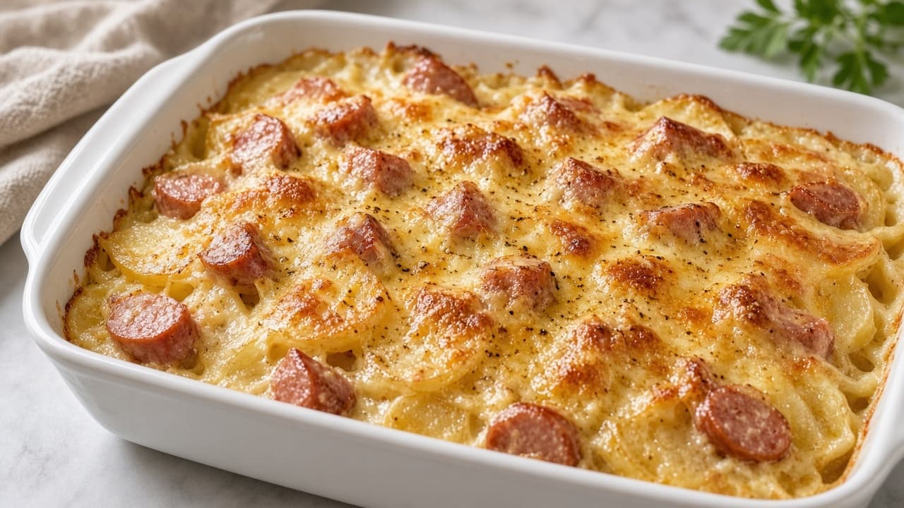 Falukorvgratäng med potatis och ost