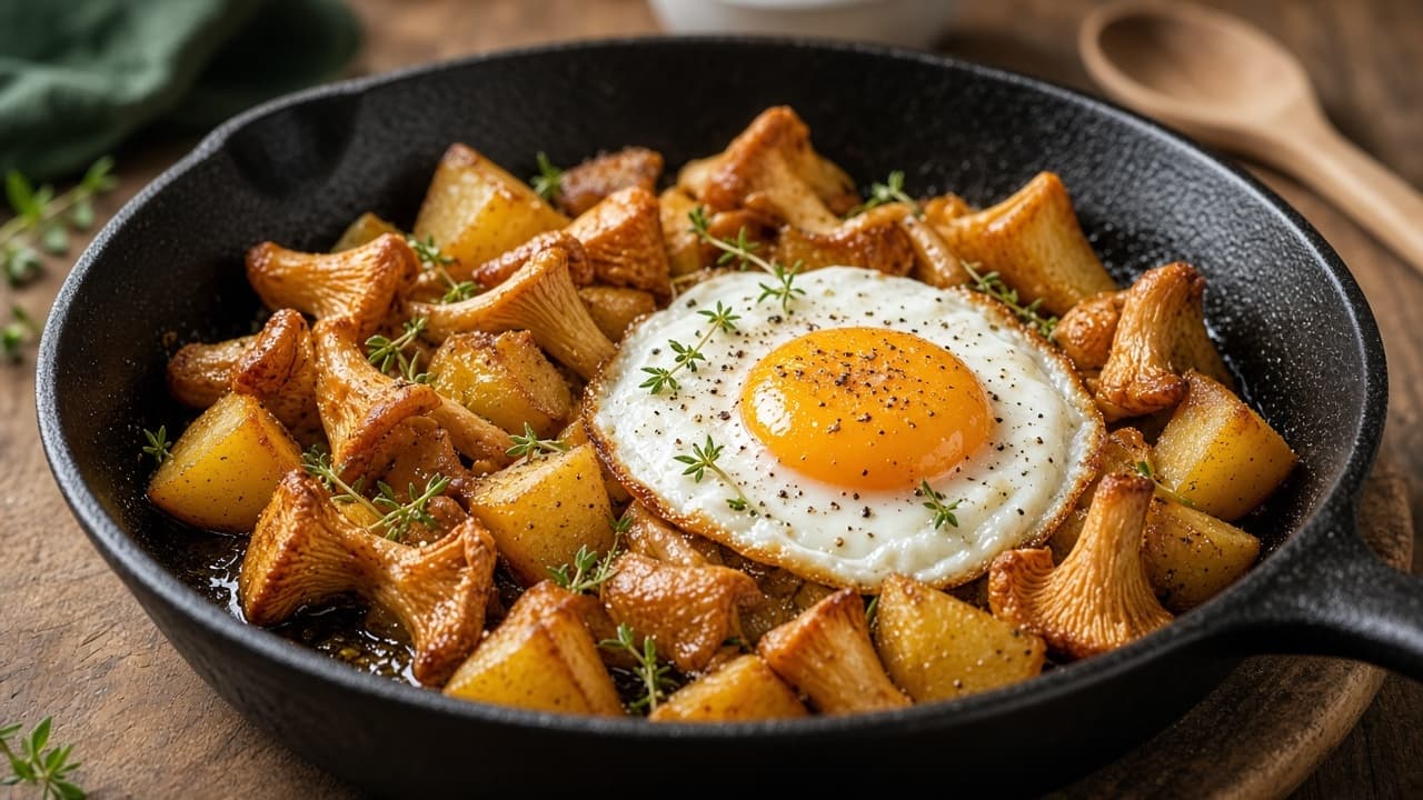 Kantarellpanna med potatis, timjan och ägg