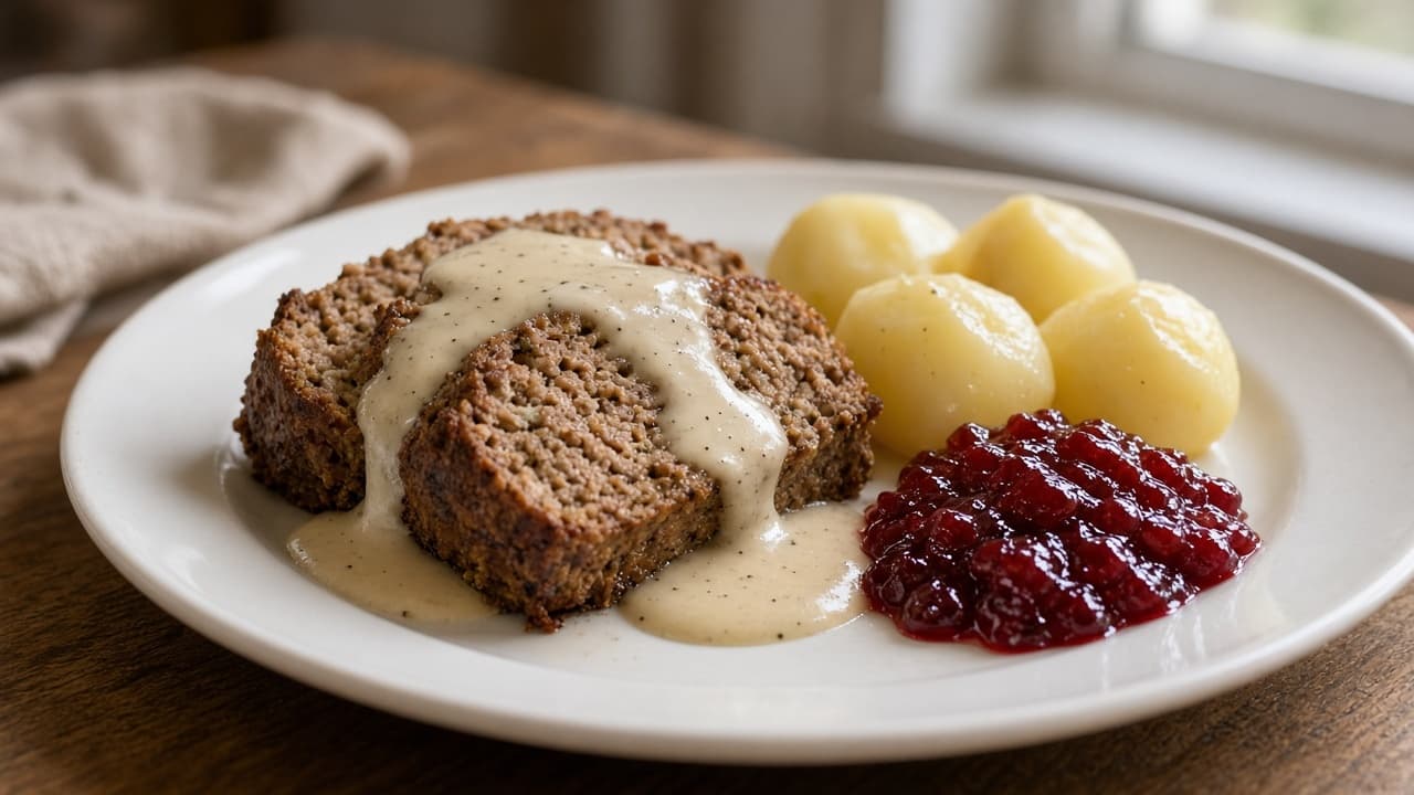 Köttfärslimpa med gräddsås och potatis