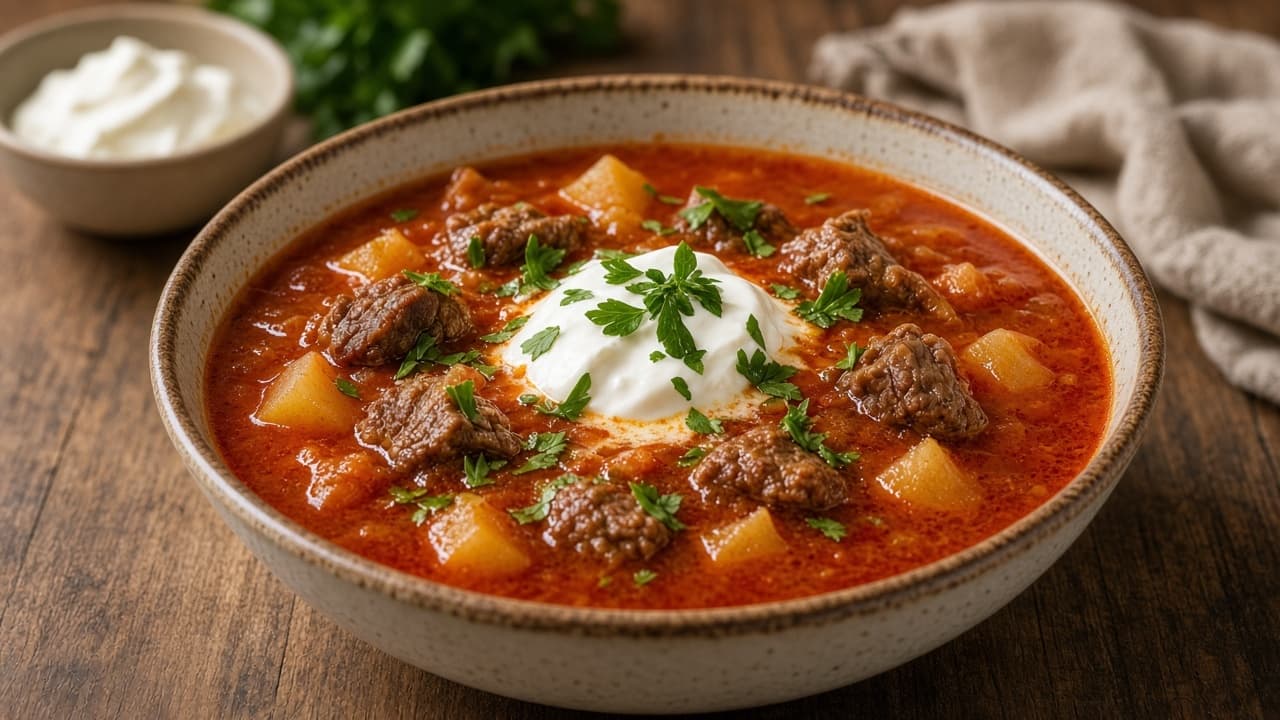 Gulaschsoppa med potatis och gräddfil