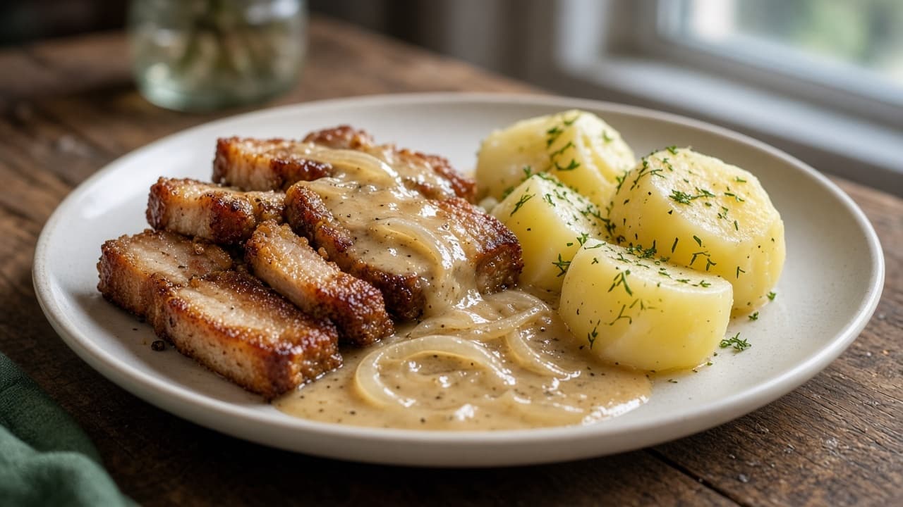 Stekt fläsk med löksås och potatis