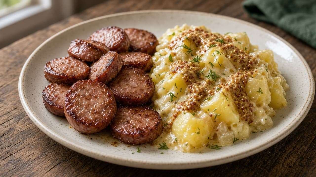 Stekt falukorv med stuvad potatis och senapssås