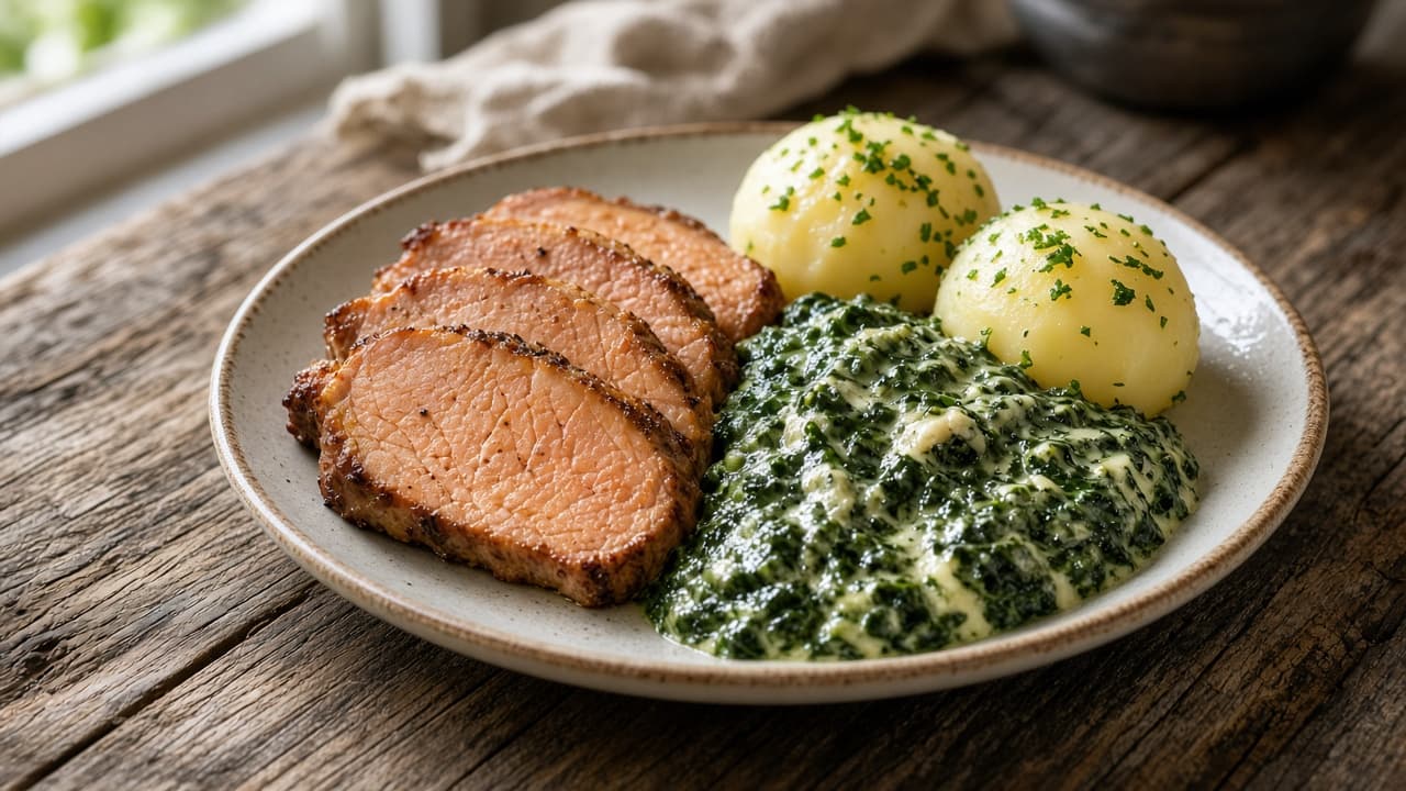 Kassler med stuvad spenat och potatis