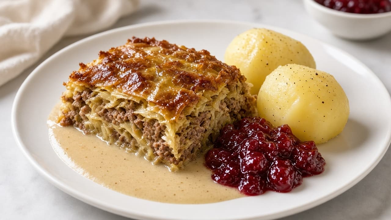 Kålpudding med gräddsås och lingon