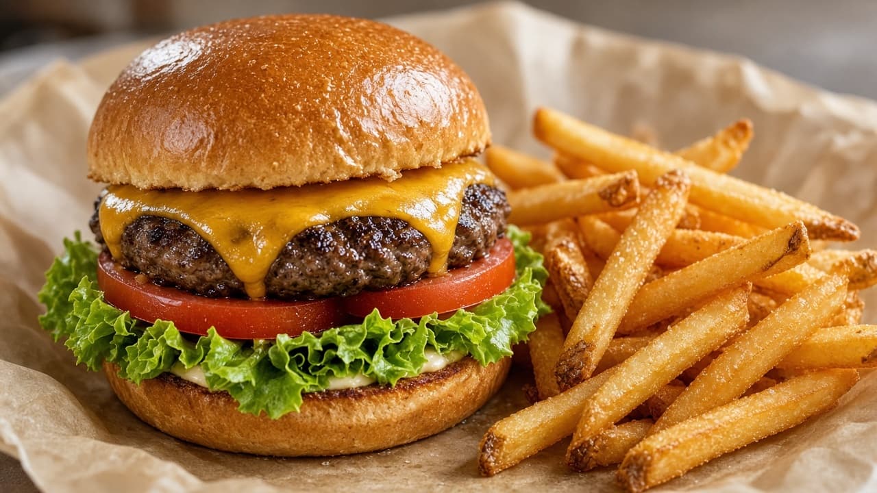 Hamburgare med cheddar och pommes