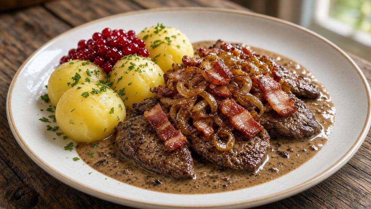 Stekt kalvlever med bacon, lök och gräddsås