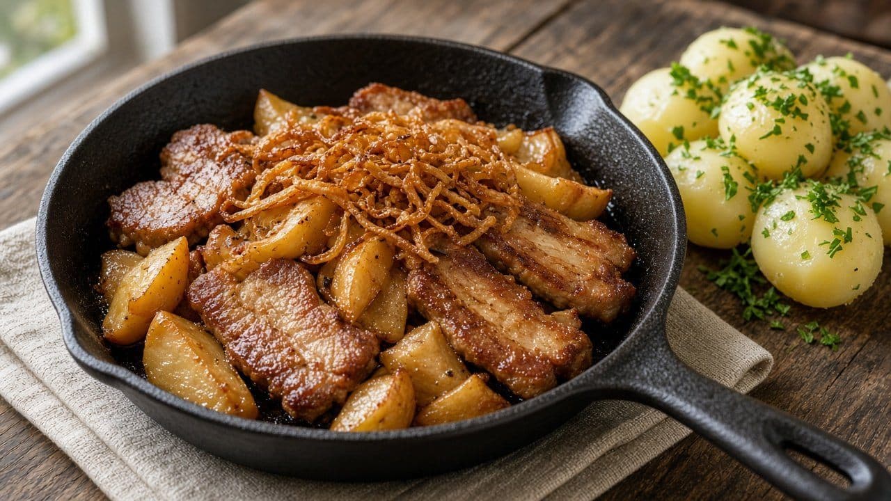 Äppelfläsk med stekt lök och kokt potatis